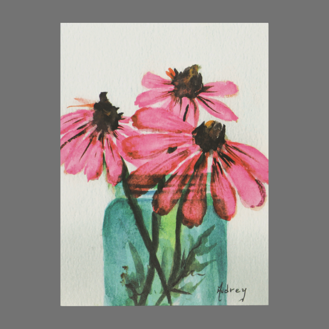 Set of 4 Pink Flower Greeting Cards – Watercolor Mason Jar Design | Ma ...