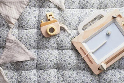 Two baby toys, a play camera and play writing board, sit on a crib.