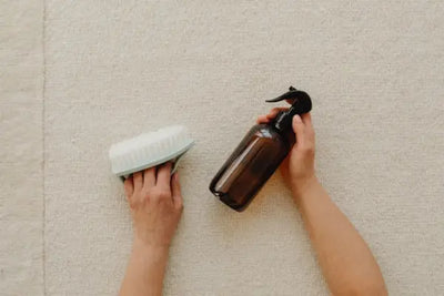 Top-down view of two hands cleaning a light beige carpet. One hand holds a blue scrub brush, while the other holds an amber spray bottle, suggesting eco-friendly or natural cleaning in progress.