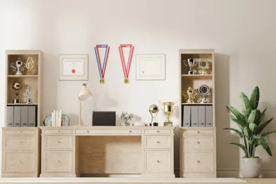 Displays with trophies on them.