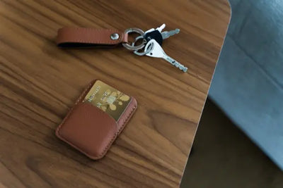 A brown leather keychain with American made leather. 