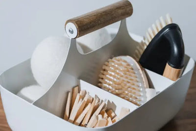 Laundry supplies sitting in a basket. Each item was made in America.
