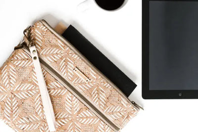 A cork zip-up tech organizer that is handcrafted in America.