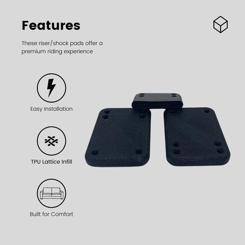 Chatelet Manufacturing’s Longboard/Skateboard 1/4 Inch Premium Riser Shock Pads with TPU/plastic lattice are shown on a gray background, highlighting easy installation, enhanced comfort, and riding quality with feature icons.