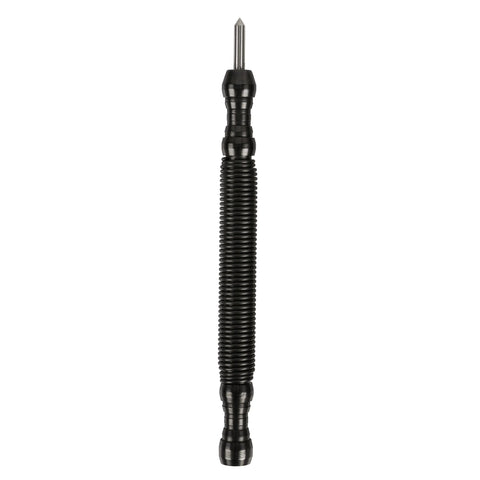 A black, ribbed, cylindrical High Speed Steel Prick Punch by Hammerless Impact Technology with a pointed tip, resembling a spring-loaded center punch, is shown on a white background.