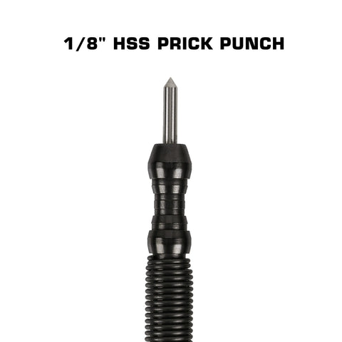 A Hammerless Impact Technology High Speed Steel Prick Punch, 1/8 inch, with a pointed tip and textured black handle, is displayed vertically on a white background with “1/8 HSS PRICK PUNCH” above it.