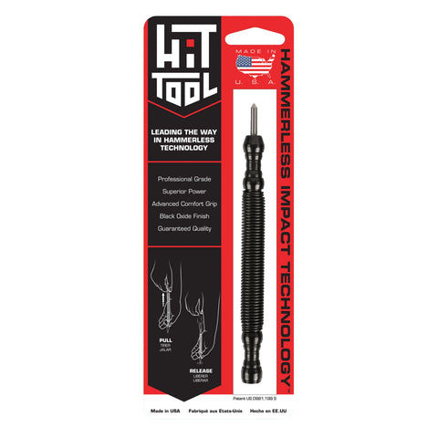 A High Speed Steel Prick Punch by Hammerless Impact Technology, shown in packaging with instructions and a U.S. flag, features professional grade quality, superior power, comfort grip, American-made durability, and black oxide finish.