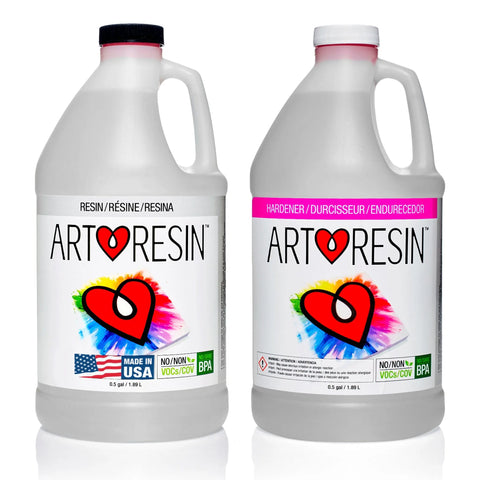 The 1 Gal (3.78 L) ArtResin Epoxy Resin kit by ArtResin includes two large white bottles—resin and hardener—featuring a heart logo, colorful design, BPA-free and “Made in USA” labels, and UV protection for a non-toxic finish.