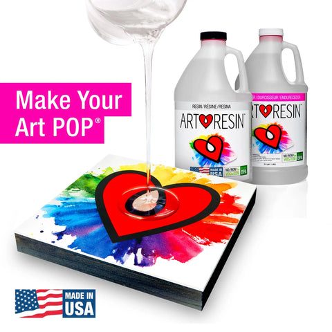Clear, non-toxic 1 Gal (3.78 L) ArtResin - Epoxy Resin is poured on colorful art with a red heart. Two ArtResin bottles are behind it. Text reads Make Your Art POP® with a Made in USA flag badge.