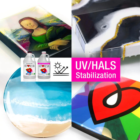 A collage of four resin artworks, including a Mona Lisa print and abstracts, showcases bottles of ArtResin 1 Gal (3.78 L) Epoxy Resin with the ArtResin pink UV/HALS Stabilization label at the center for extra UV protection.
