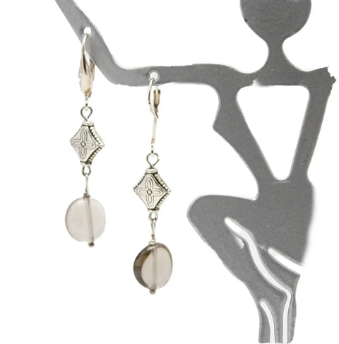 1.5 Inch Gray Smoky Quartz Dangle Earrings – Sterling Silver Floral Accents | Made in USA by Michelle Marie Boutique Michelle Marie Boutique  Earrings