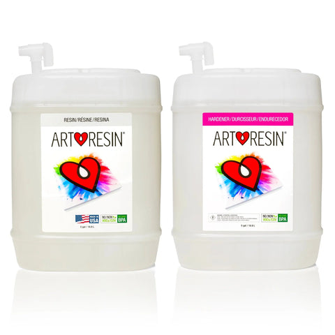 Two large 10 Gallon (37.8 L) ArtResin epoxy resin containers, labeled for resin and hardener, display a heart logo and icons for non-toxic, BPA-free quality—ideal for safe, high-quality resin art by ArtResin.