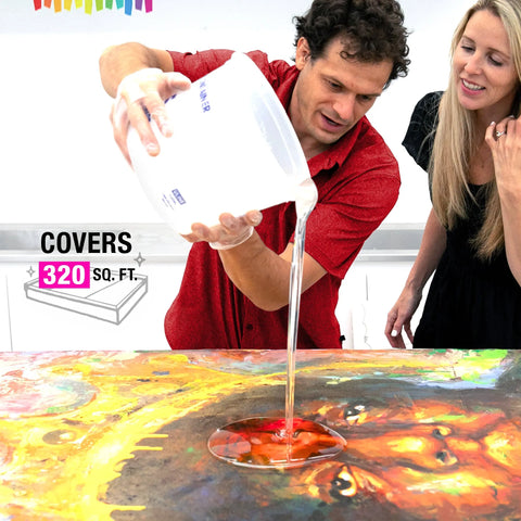 A man in a red shirt pours 10 Gallon (37.8 L) ArtResin - Epoxy Resin onto a colorful painting as a smiling woman watches. Text: COVERS 320 SQ. FT., with an illustrated box below. Brand: ArtResin.