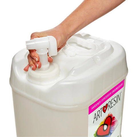 A hand presses the pump of a 10 Gallon (37.8 L) ArtResin - Epoxy Resin container from ArtResin, perfect for stunning resin art projects.