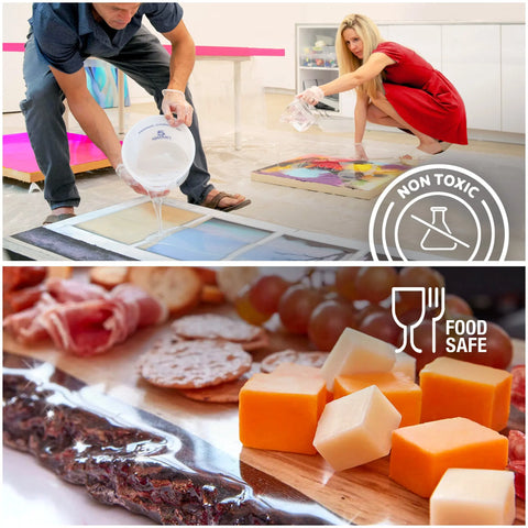 Top: Two people pour 10 Gallon (37.8 L) ArtResin epoxy resin onto artwork, marked with a Non-Toxic icon. Bottom: Cheese, crackers & meat served on a board coated with ArtResin, highlighting its Food Safe icon.
