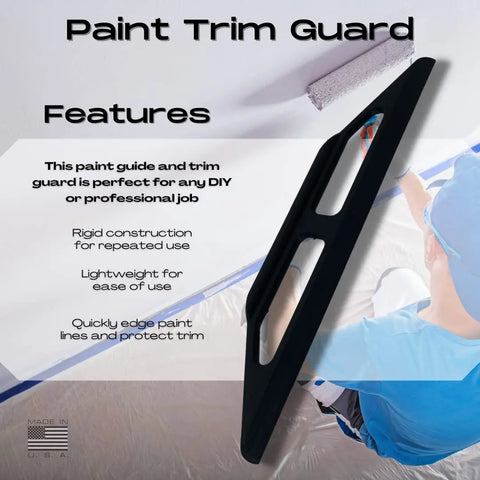 A painter uses the Chatelet Manufacturing 10-Inch Plastic Paint Guide and Trim Guard for clean edges. The rigid, lightweight tool is ideal for precision painting. An American flag icon appears in the lower left corner.