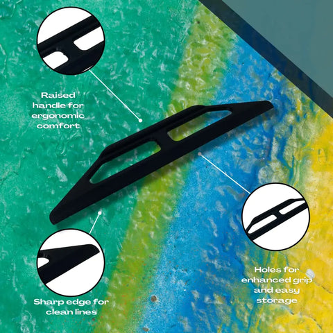 The Chatelet Manufacturing 10-Inch Plastic Paint Guide and Trim Guard features a raised ergonomic handle, grip holes, a sharp edge for clean lines, and storage holes—ideal for DIY or professional jobs on textured surfaces.