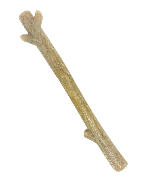 The SodaPup Durable Nylon Chew Stick is a light brown, bark-textured dog toy shaped like a tree branch, designed for power chewers and dental health with small nubs for cleaning teeth.