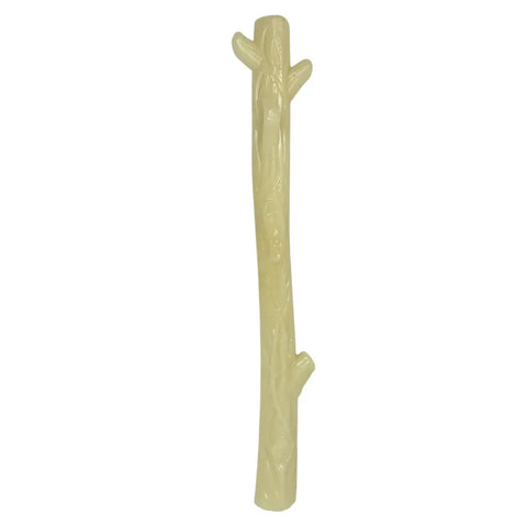 The SodaPup Durable Nylon Chew Stick is a beige, stick-shaped dog dental toy with twig-like nubs, resembling a tree branch. Made of tough plastic for power chewers, it stands upright against a white background.
