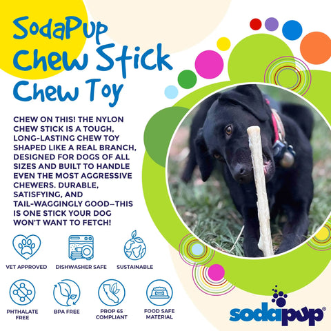 A black dog chews a beige Durable Nylon Chew Stick by SodaPup outside. Text highlights its sturdiness for power chewers, dental benefits as a dog dental toy, and shows safety and approval icons. The SodaPup logo is at the bottom.