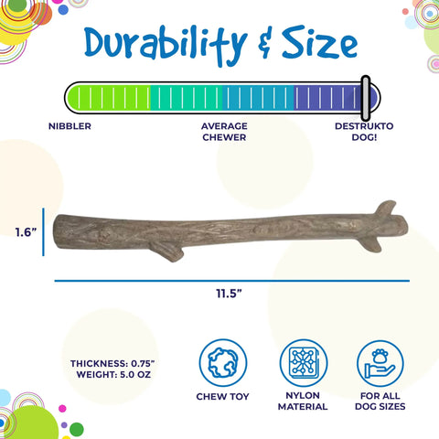 The SodaPup Durable Nylon Chew Stick is an 11.5" x 1.6" tough chew toy for power chewers, featuring a durability scale from Nibbler to Destrukto Dog, icons for dental benefits, nylon construction, and suitability for all dog sizes.