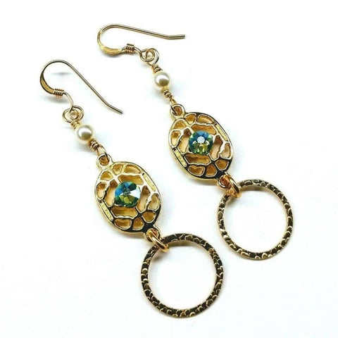 14 KT Gold Filled Green Crystal Filigree Hammered Circle Earrings – Handmade Montana Alexa Martha Designs  Earrings