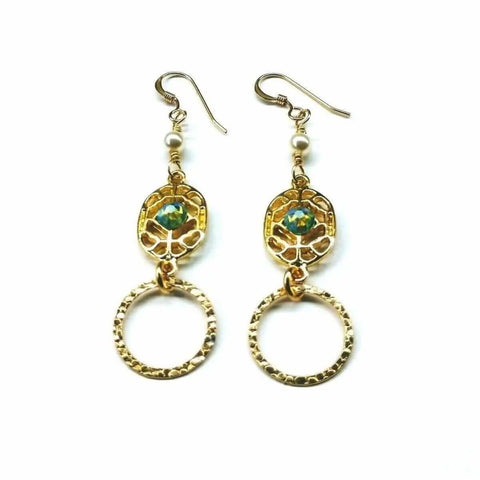 14 KT Gold Filled Green Crystal Filigree Hammered Circle Earrings – Handmade Montana Alexa Martha Designs  Earrings