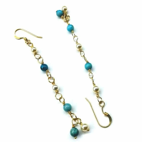 14 KT Gold Filled Long Turquoise Pearl Dangle Earrings – Handmade Jewelry | Made in USA Alexa Martha Designs  Earrings