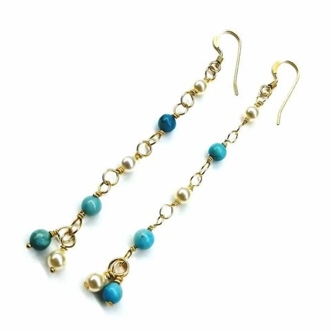 14 KT Gold Filled Long Turquoise Pearl Dangle Earrings – Handmade Jewelry | Made in USA Alexa Martha Designs  Earrings