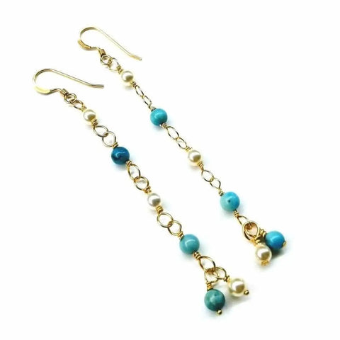 14 KT Gold Filled Long Turquoise Pearl Dangle Earrings – Handmade Jewelry | Made in USA Alexa Martha Designs  Earrings
