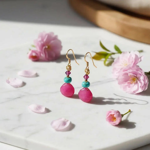 14 KT Gold Filled Pink Chalcedony and Turquoise Drop Earrings – Handmade | Made in USA Alexa Martha Designs  Earrings