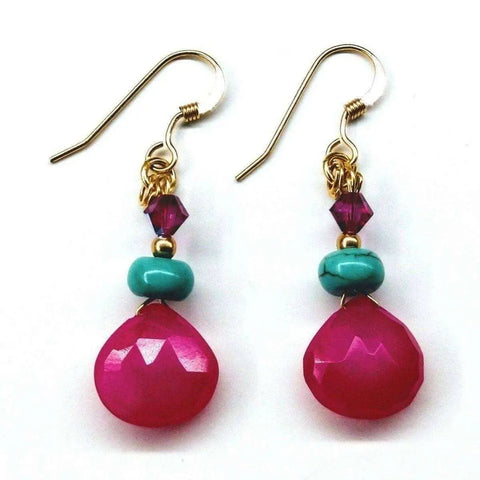 Alexa Martha Designs 14 KT Gold Filled Wire Wrapped Earrings feature hot pink chalcedony teardrops, turquoise round beads, and small purple faceted accents on hooks.