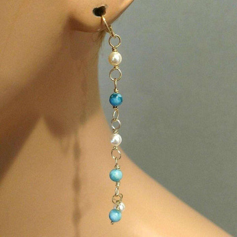 14 KT Gold Filled Wire Wrapped Long Turquoise Pearl Dangle Earrings