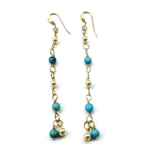 14 KT Gold Filled Wire Wrapped Long Turquoise Pearl Dangle Earrings