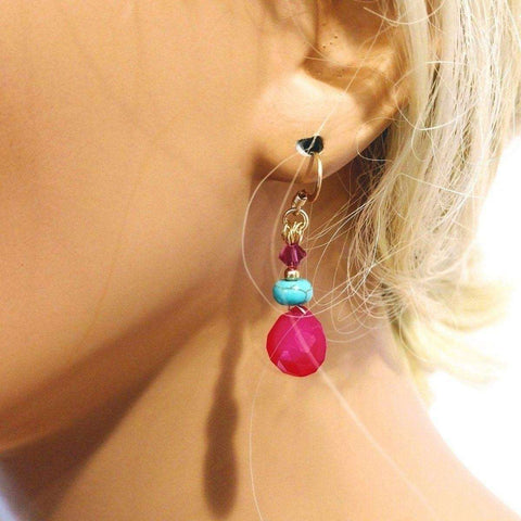 14 KT Gold Filled Wire Wrapped Pink and Turquoise Drop Gemstone Earrings