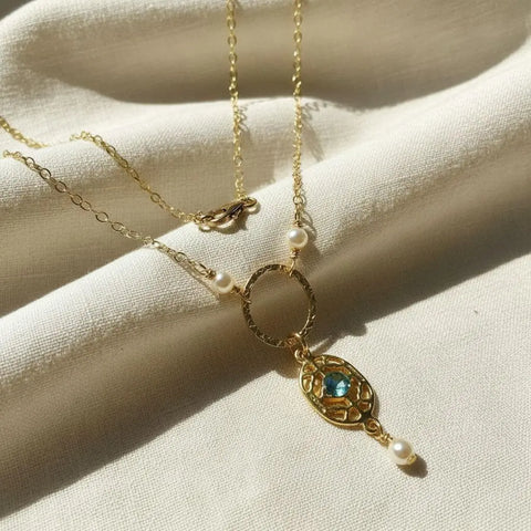14K Gold-Filled Hammered Circle Filigree Necklace with Blue Gemstone – Made in USA Alexa Martha Designs  Necklace