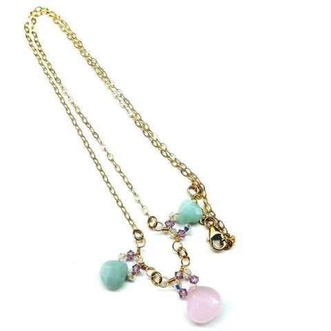 14K Gold Filled Necklace – Light Pink Chalcedony and Mint Amazonite Drops | Handmade in USA Alexa Martha Designs  Necklace