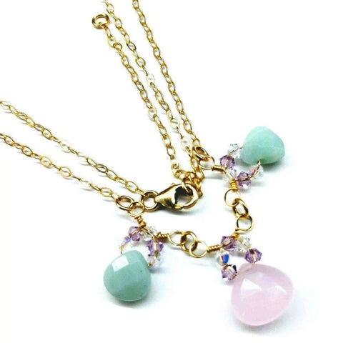14K Gold Filled Necklace – Light Pink Chalcedony and Mint Amazonite Drops | Handmade in USA Alexa Martha Designs  Necklace