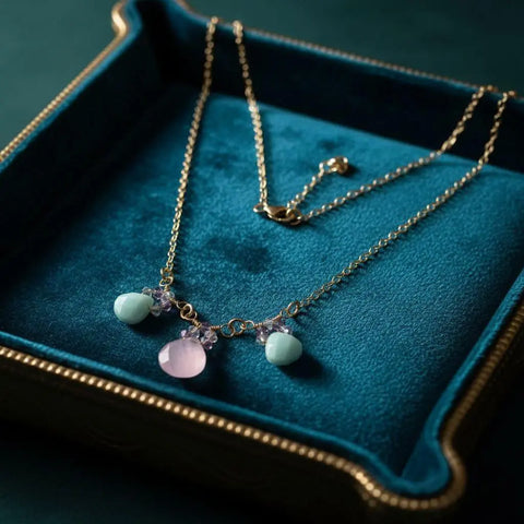 14K Gold Filled Necklace – Light Pink Chalcedony and Mint Amazonite Drops | Handmade in USA Alexa Martha Designs  Necklace