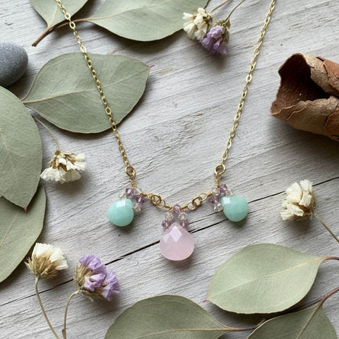 14K Gold Filled Necklace – Light Pink Chalcedony and Mint Amazonite Drops | Handmade in USA Alexa Martha Designs  Necklace