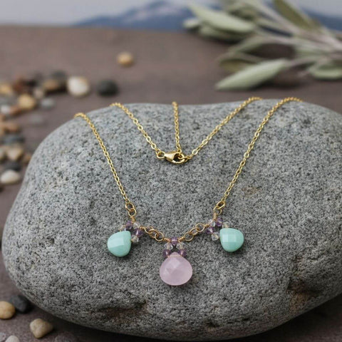 14K Gold Filled Necklace – Light Pink Chalcedony and Mint Amazonite Drops | Handmade in USA Alexa Martha Designs  Necklace