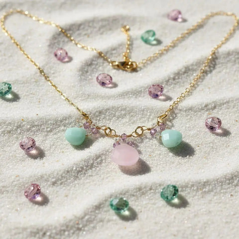 14K Gold Filled Necklace – Light Pink Chalcedony and Mint Amazonite Drops | Handmade in USA Alexa Martha Designs  Necklace