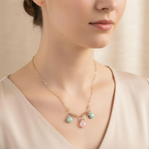 14K Gold Filled Necklace – Light Pink Chalcedony and Mint Amazonite Drops | Handmade in USA Alexa Martha Designs  Necklace