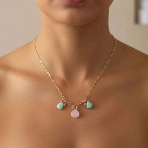 14K Gold Filled Necklace – Light Pink Chalcedony and Mint Amazonite Drops | Handmade in USA Alexa Martha Designs  Necklace