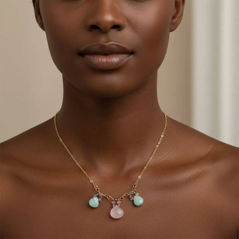 14K Gold Filled Necklace – Light Pink Chalcedony and Mint Amazonite Drops | Handmade in USA Alexa Martha Designs  Necklace