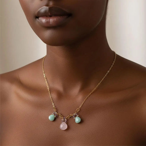 14K Gold Filled Necklace – Light Pink Chalcedony and Mint Amazonite Drops | Handmade in USA Alexa Martha Designs  Necklace