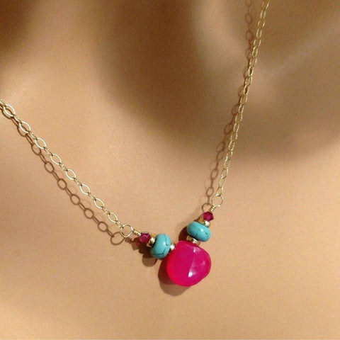 14K Gold Filled Turquoise And Pink Gemstone Drop Necklace – Handmade In Montana | Made In USA Alexa Martha Designs  Necklace
