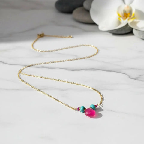 14K Gold Filled Turquoise And Pink Gemstone Drop Necklace – Handmade In Montana | Made In USA Alexa Martha Designs  Necklace