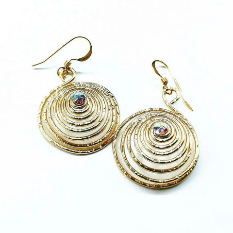Gold Filled 14CT Crystal Spiral Earrings by Alexa Martha Designs—elegant earrings with concentric spiral designs and a central iridescent gem, perfect for any occasion.