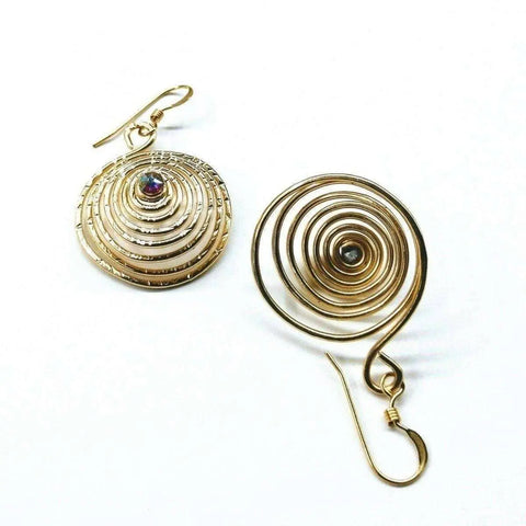 The Alexa Martha Designs Gold Filled 14CT Crystal Spiral Earrings feature concentric spiral designs with a central round crystal, shown on a white background.